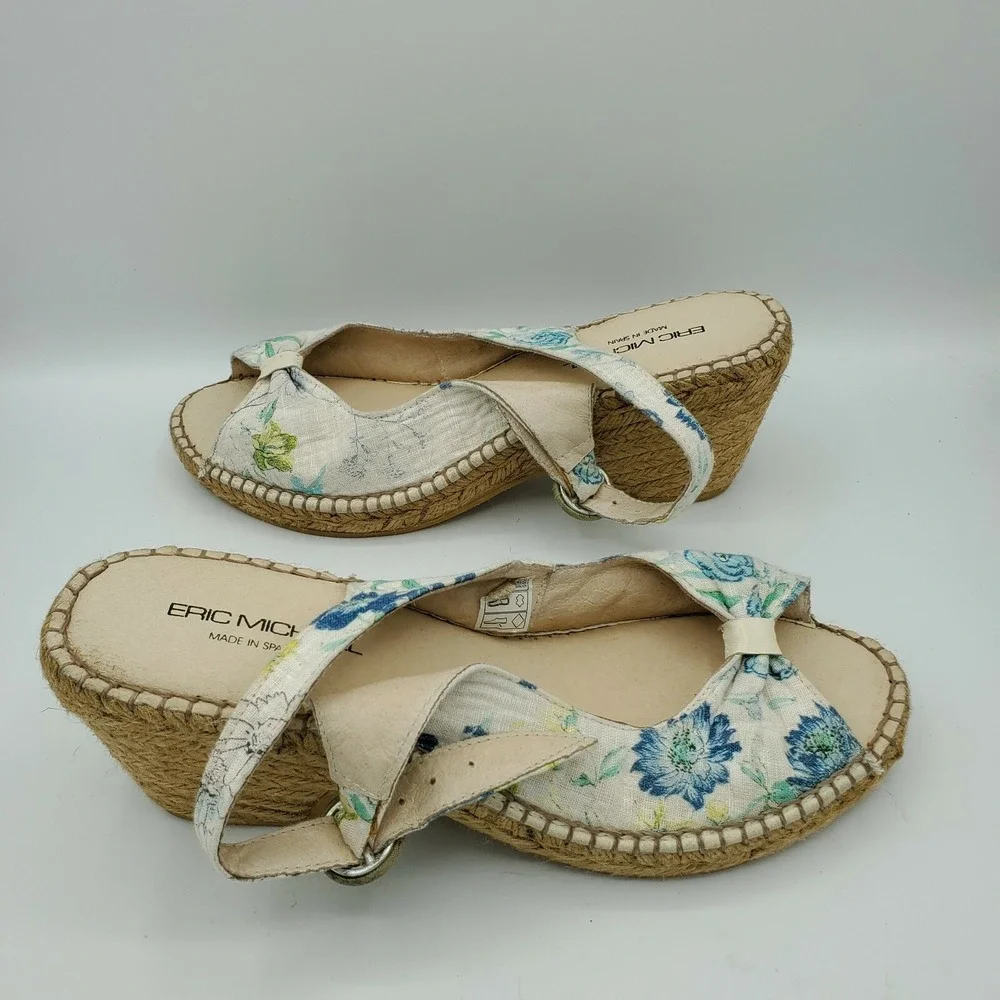 Eric Michael Espadrille‎ Womens 9.5-10 Sandal Linen Block Open Toe Floral EUR 40